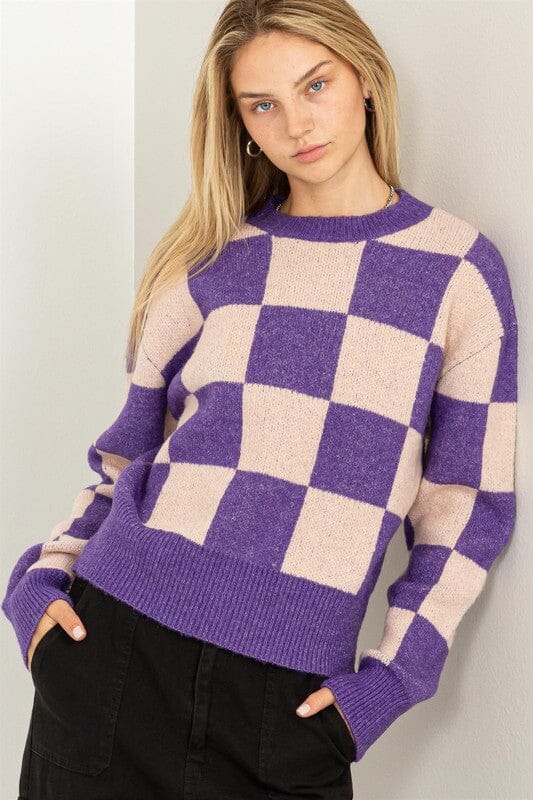 Weekend Chills Checkered Long Sleeve Sweater HYFVE PURPLE / PINK S 
