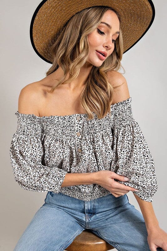 ANIMAL PRINT SMOCKED OFF THE SHOULDER TOP eesome OFF WHITE S 