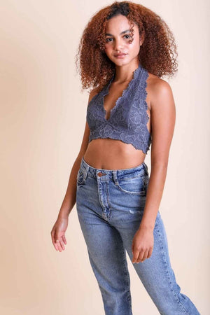 Floral Lace Halter Bralette Leto Collection Small Slate 