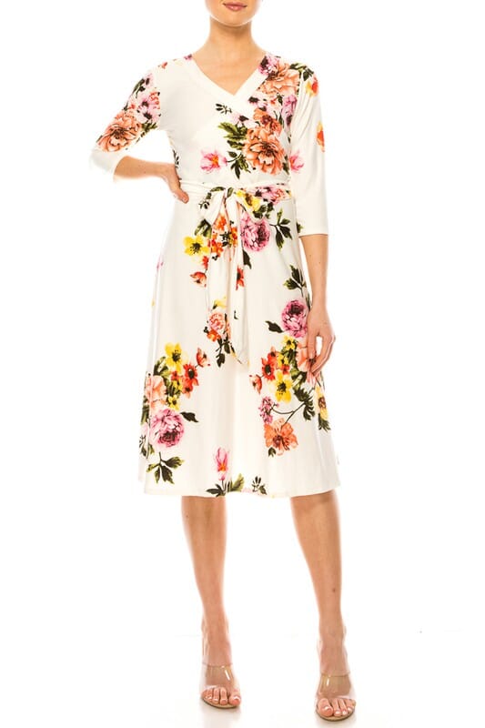 Floral print, faux wrap dress with deep V-neck Moa Collection IVORY-ORANGE S 
