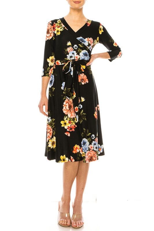 Floral print, faux wrap dress with deep V-neck Moa Collection Black-Blue S 