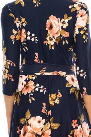 Floral print, faux wrap dress with deep V-neck Moa Collection 