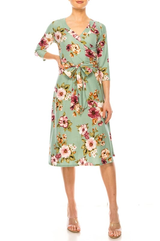 Floral print, faux wrap dress with deep V-neck Moa Collection Sage S 