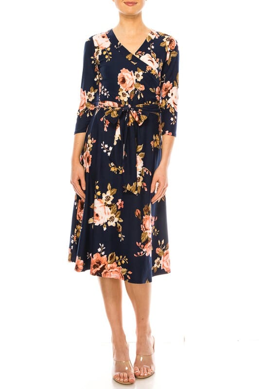 Floral print, faux wrap dress with deep V-neck Moa Collection NAVY-PEACH S 