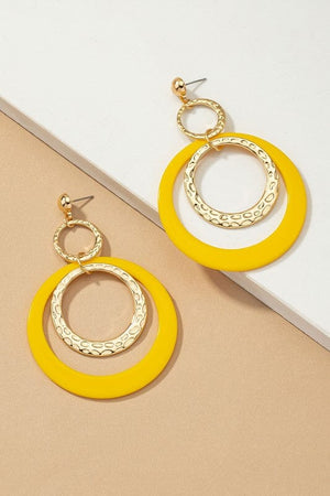 Hammered metal and acrylic hoop drop earrings LA3accessories Yellow one size 