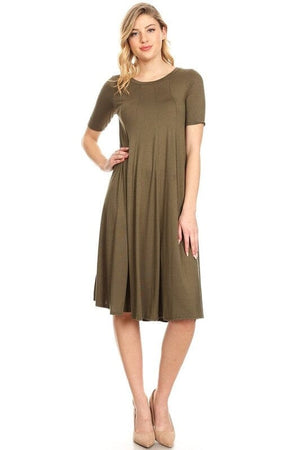 Jersey knit short sleeve oversized a-line dress Moa Collection Olive S 