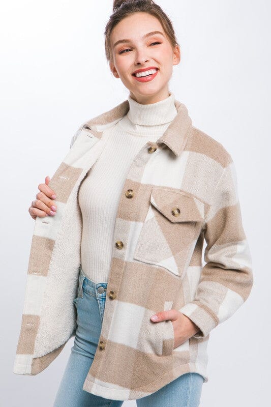 Plaid Button Down Jacket with Front Pocket Detail Love Tree KHAKI S 
