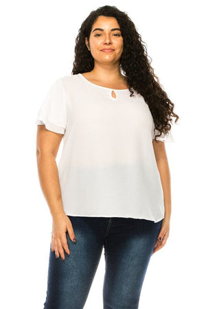 Plus size, short flutter sleeve keyhole blouse. Moa Collection White XL 