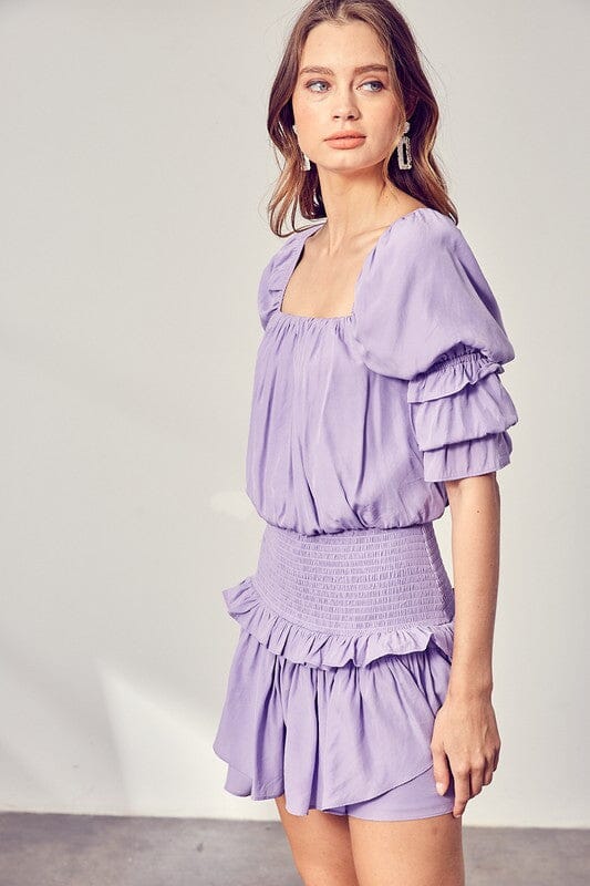 PUFF SLEEVE SMOCKED WAIST ROMPER Do + Be Collection LAVENDER S 