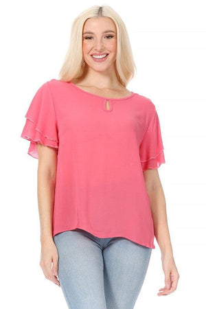 Short flutter sleeve round neck keyhole blouse. Moa Collection Coral S 