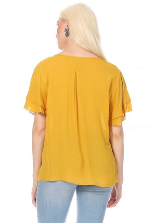 Short flutter sleeve round neck keyhole blouse. Moa Collection Mustard S 