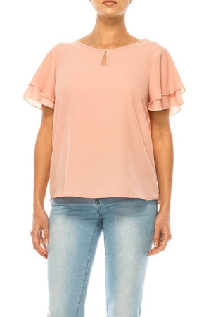 Short flutter sleeve round neck keyhole blouse. Moa Collection Peach S 