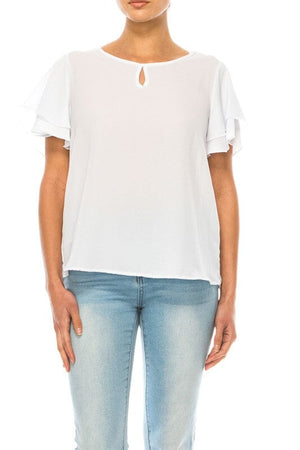 Short flutter sleeve round neck keyhole blouse. Moa Collection White S 