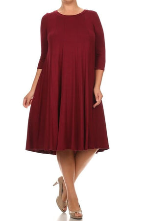 Solid, 3/4 sleeve midi dress Moa Collection Burgundy XL 