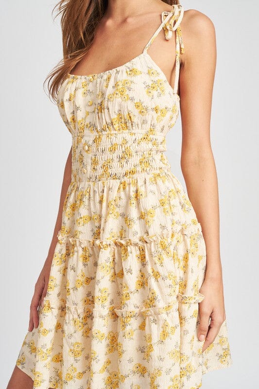 SPAGHETTI STRAP MINI DRESS WITH SMOCKED WAIST Emory Park LT YELLOW FLORAL S 