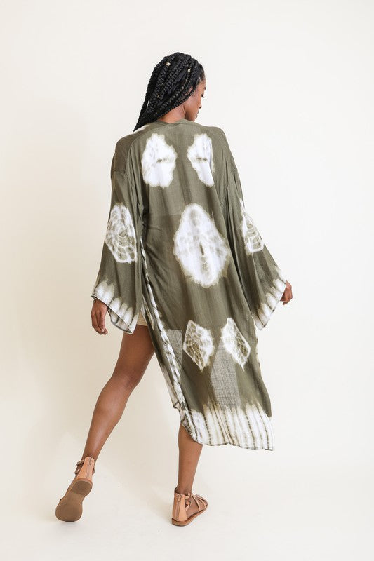 Tie Dye Longline Kimono with Full Sleeves Leto Accessories Olive One Size 