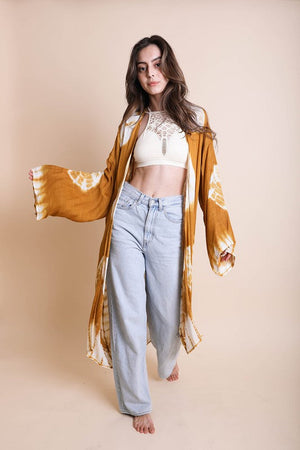 Tie Dye Longline Kimono with Full Sleeves Leto Accessories Mustard One Size 