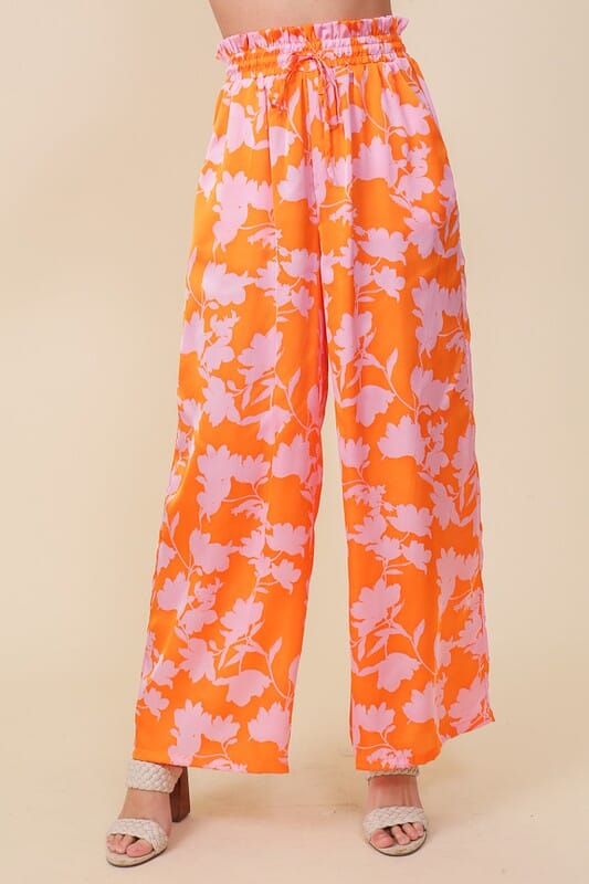 TROPICAL PRINT WIDE PANTS WITH SELF TIE DRAWSTRING Lumiere ORANGE/PINK S 