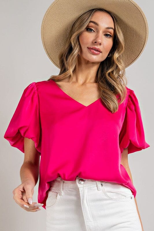 V-NECK PUFF SLEEVE BLOUSE TOP eesome HOT PINK S 