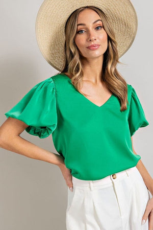 V-NECK PUFF SLEEVE BLOUSE TOP eesome KELLY GREEN S 