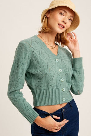 V-neck Scallop Edge Button Down Ctop Knit Cardigan Listicle Jade S 