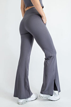 V-Waist Flared Yoga Pants with Pockets - Black, Chambray, Olive, Raspberry Rae Mode 