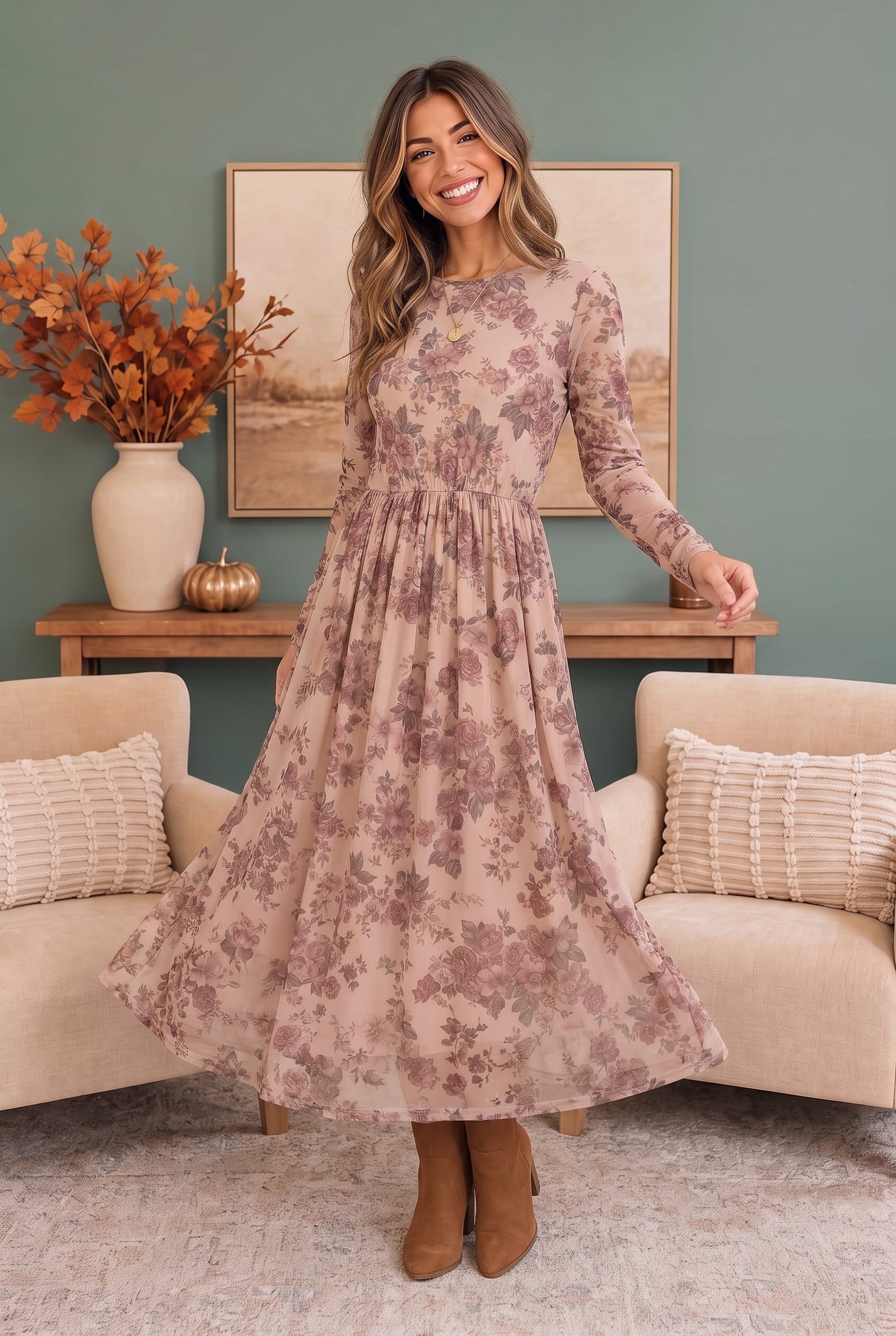 Rosewood floral mesh long-sleeve midi dress for an occasion outfit