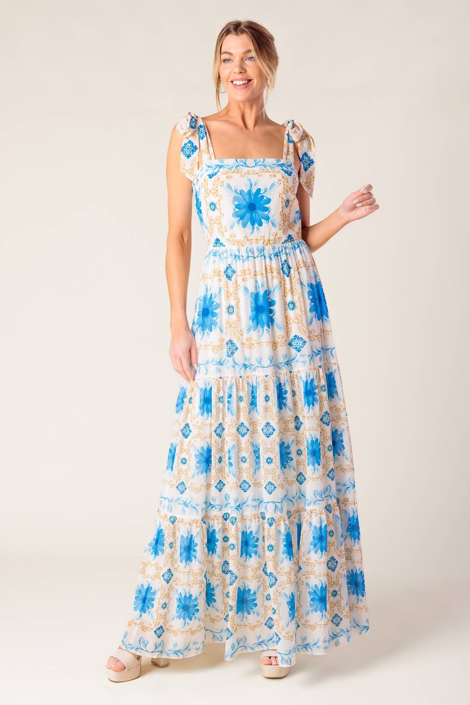 Floral maxi dress styled for a bridal shower outfit