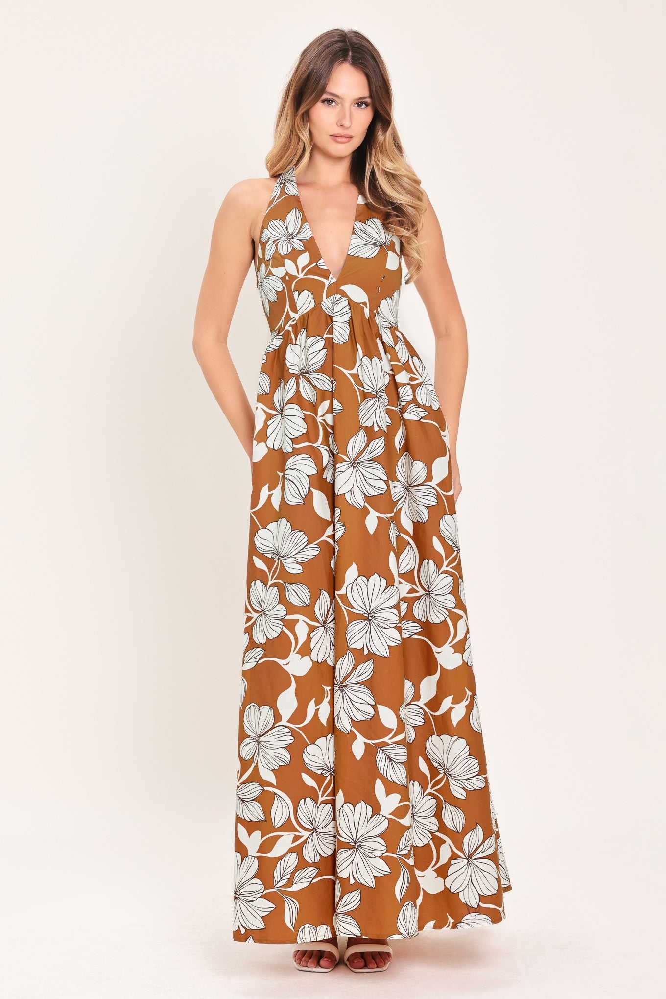 Camel floral woven maxi dress styled for a warm-weather occasion