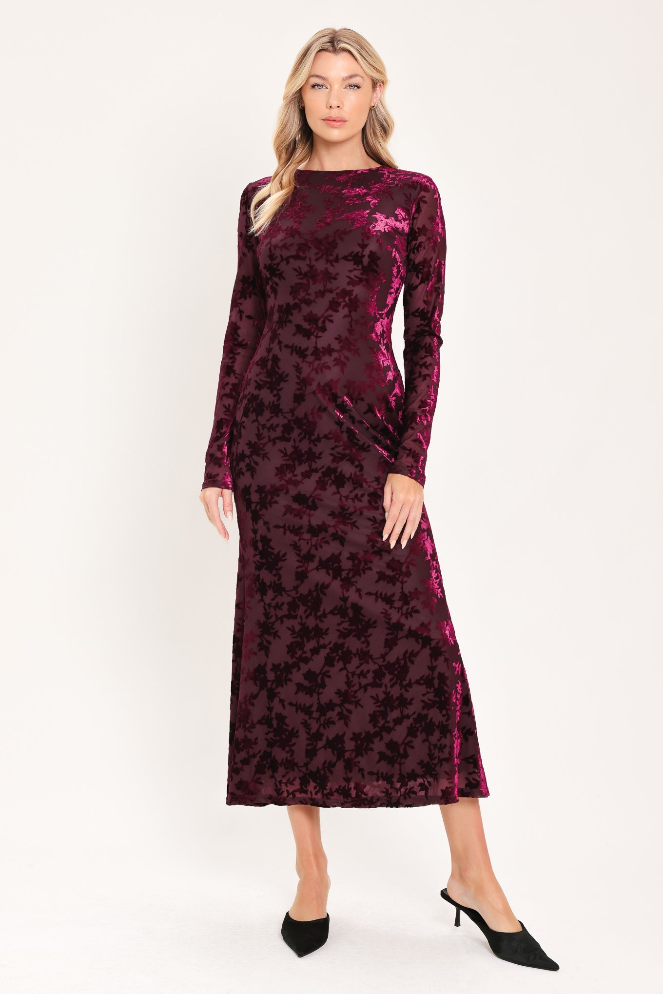 Burgundy floral velvet midi dress for a holiday party outfit