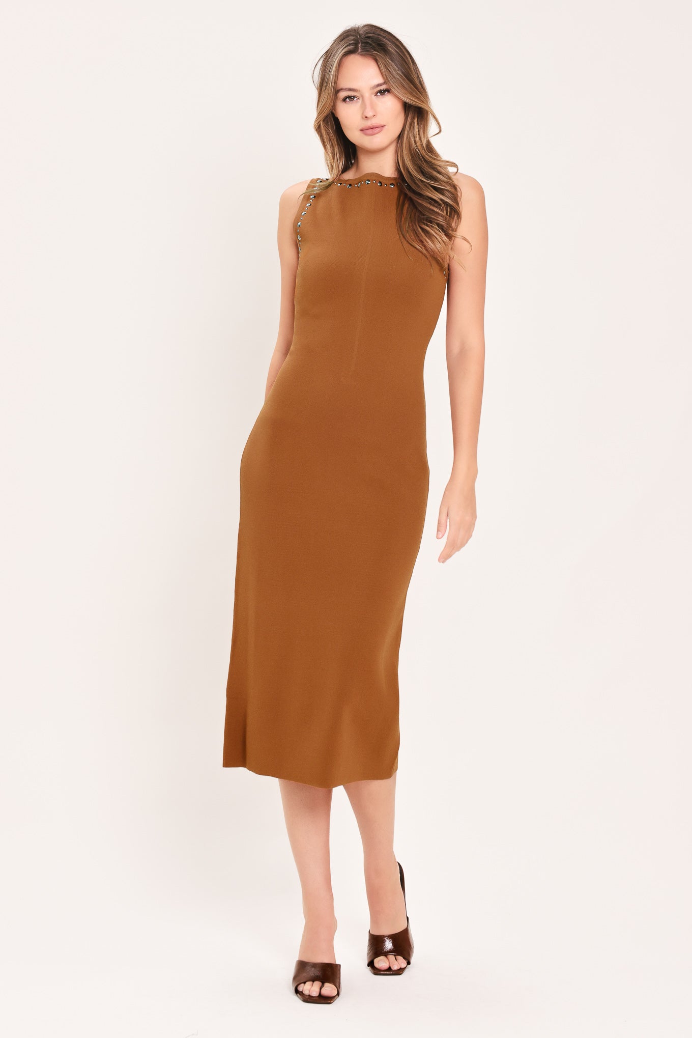 Brown sweater knit midi dress styled for cooler weather