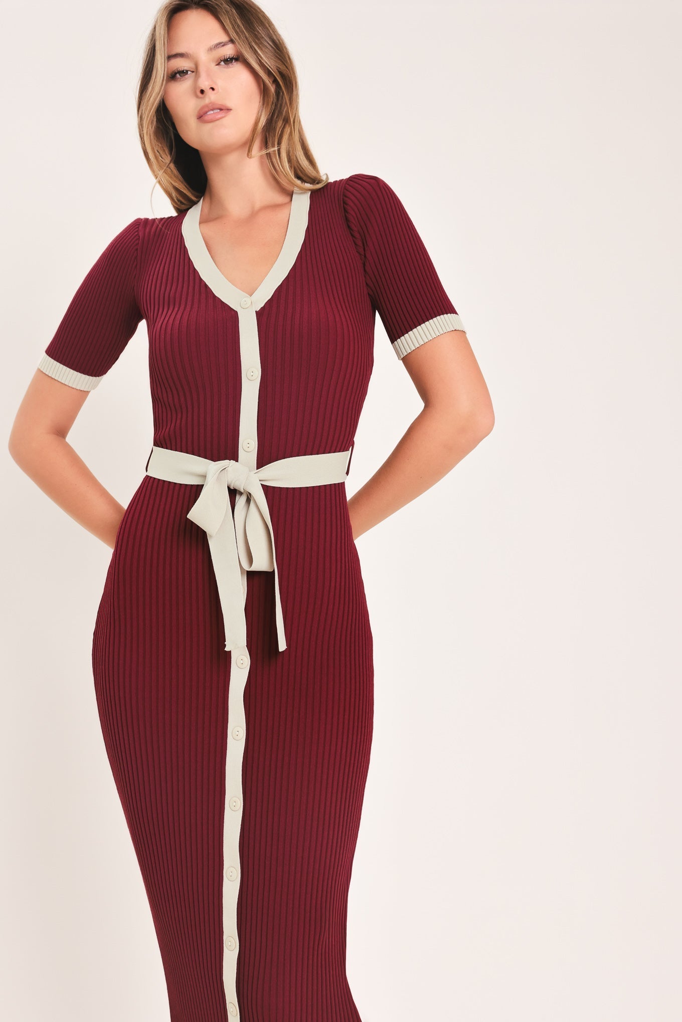Burgundy button-down sweater midi dress with a defined waist