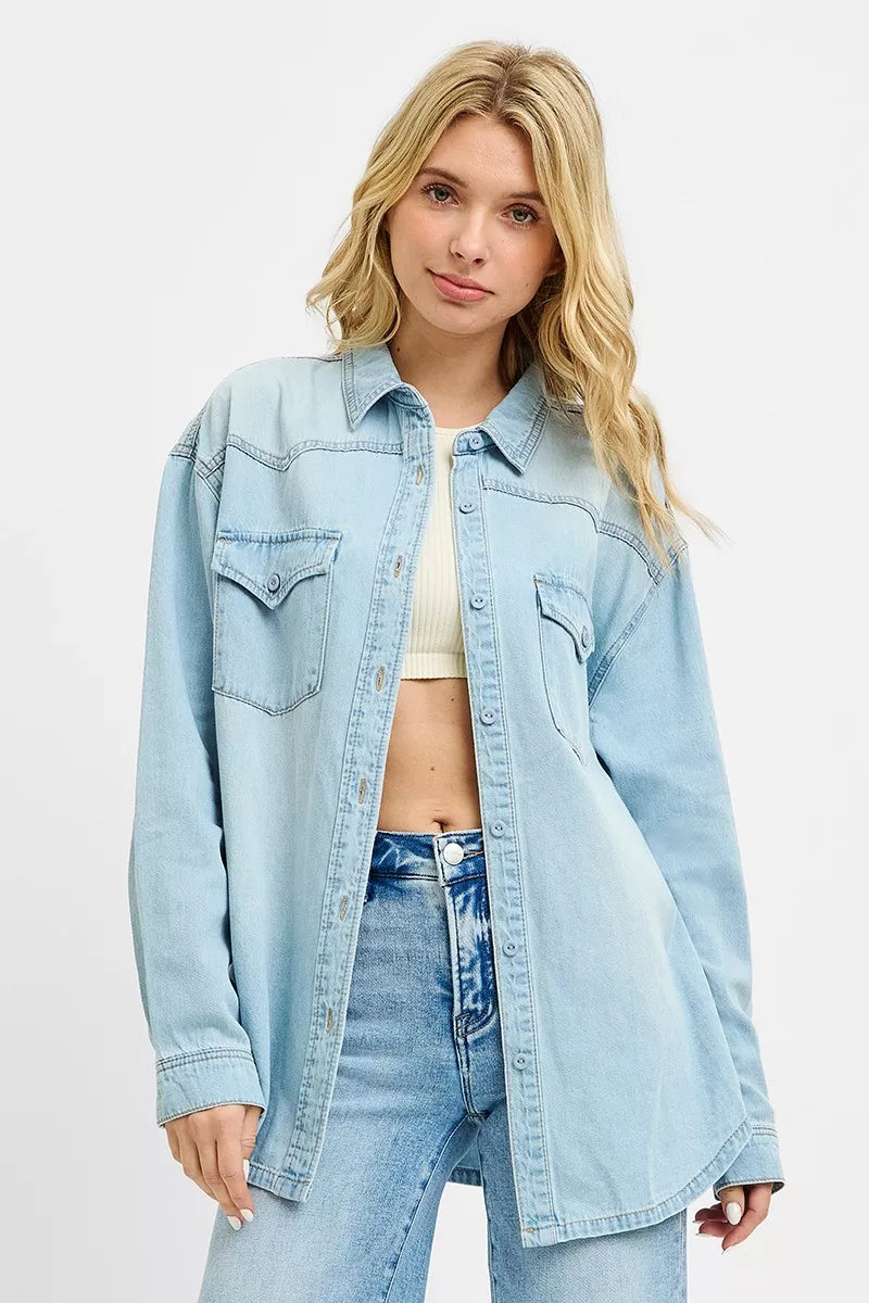 Woman wearing a western denim shirt for a country concert outfit