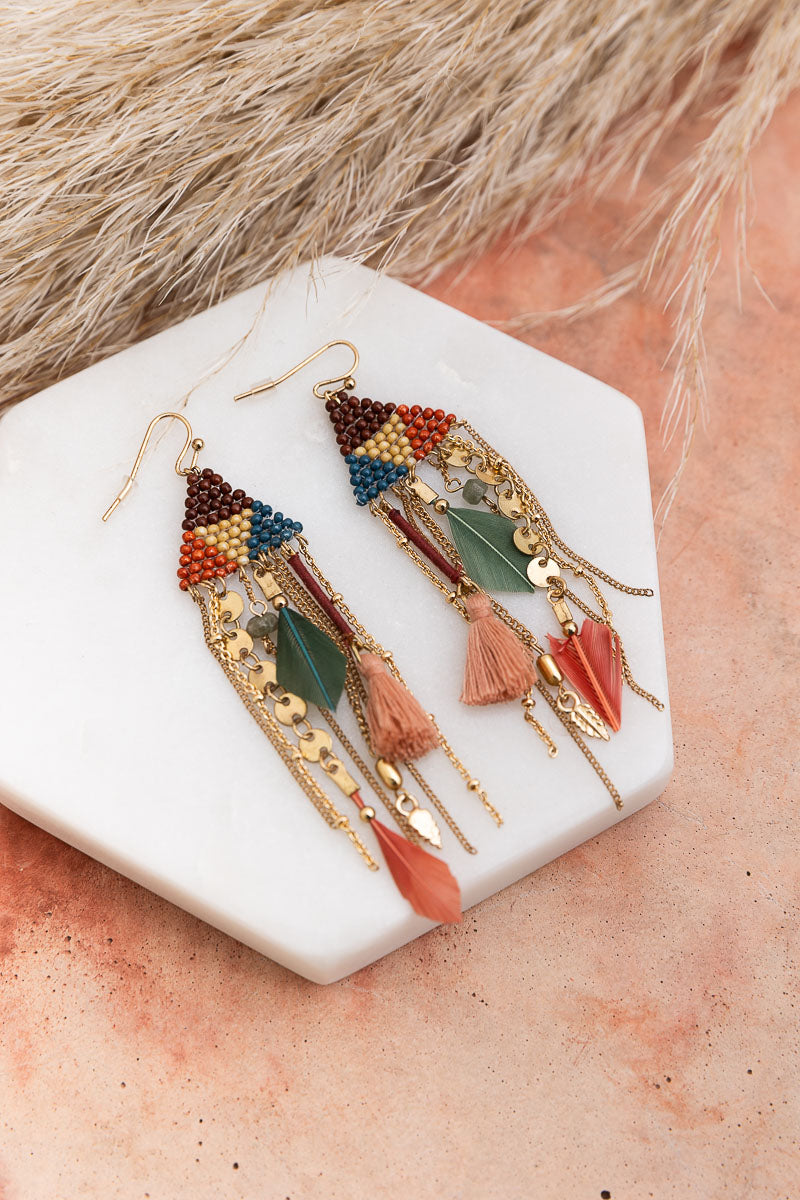 Beaded and feather boho earrings for women