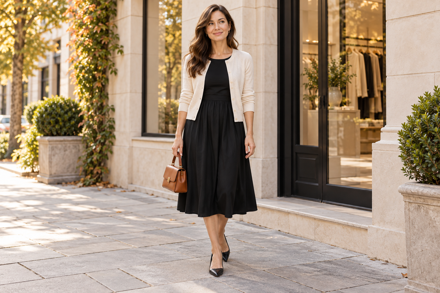 Ivory cardigan over a black midi dress with pointed flats, styling illustration