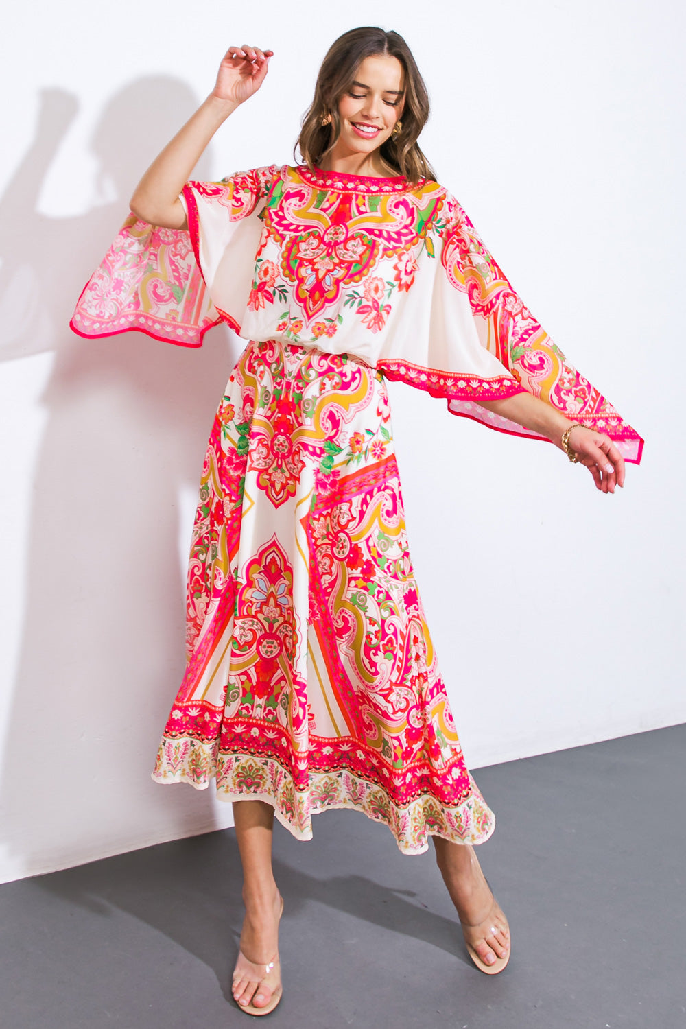 Printed midi dress for an easy casual date-night outfit