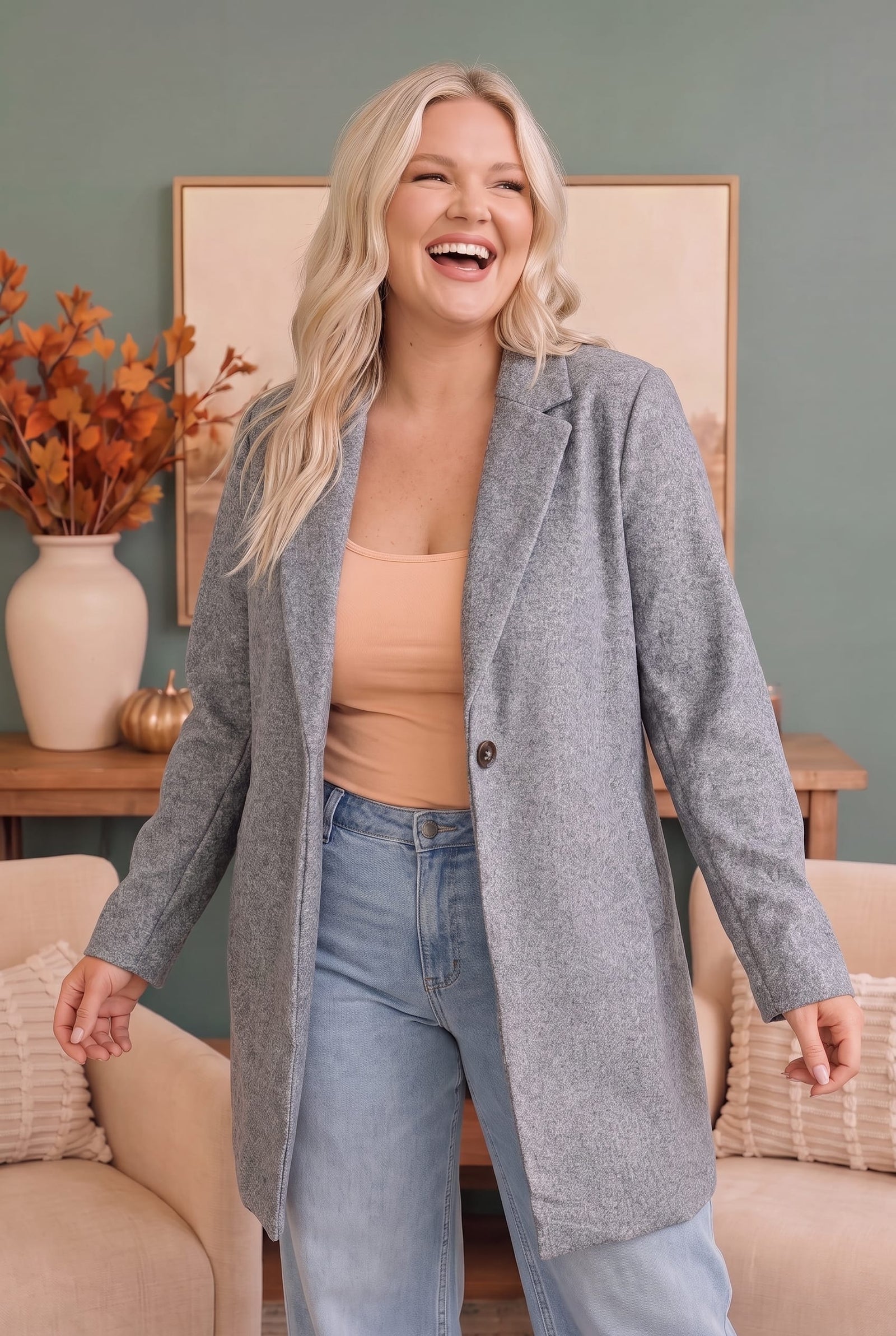 Grey longline blazer styled for a smart casual outfit