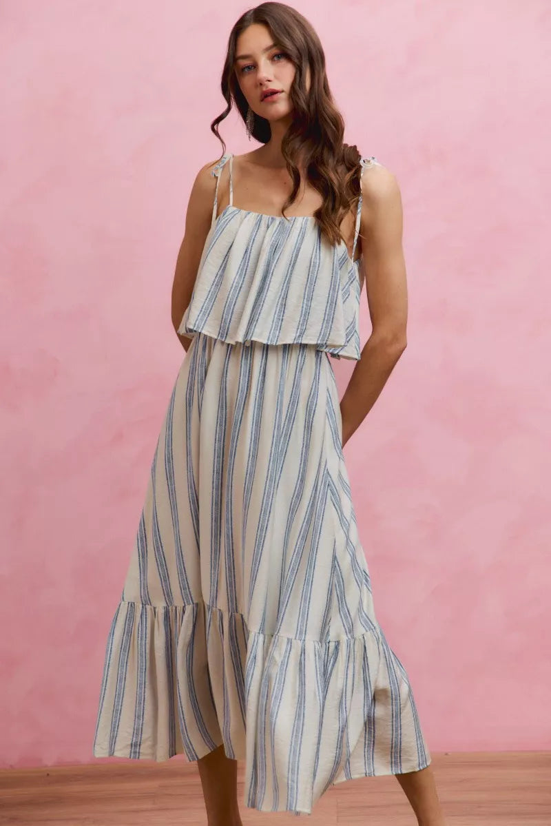 marna tiered midi tie strap dress Alice + Olivia MARNA MAXI TIE DRESS - Maxi dress - off white/french blue/blue