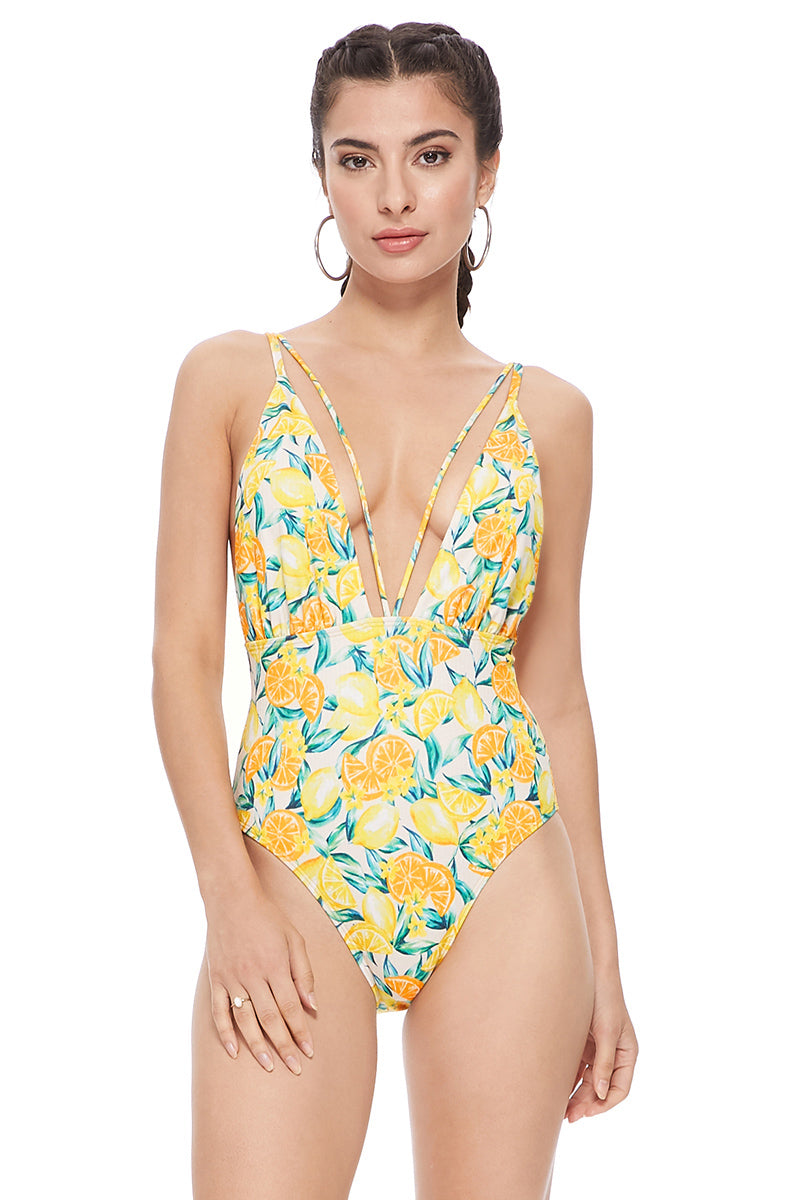 TEXTURED LEMON PRINT V FRONT MESH INSERTS ONE PIECE SWIMSUIT