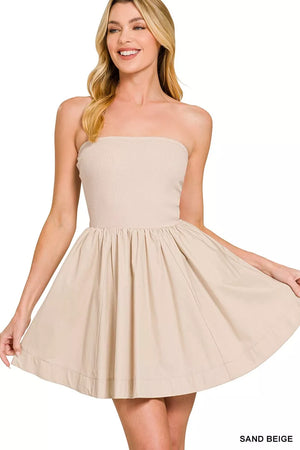 Zenana Combined Knit Tube Top Flare Mini Dress SAND BEIGE / M Zenana Combined Knit Tube Top Flare Mini Dress SAND BEIGE / M