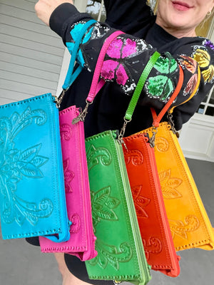 Hand-Tooled Leather Clutch, Wristlet & Crossbody - Multiple Colors