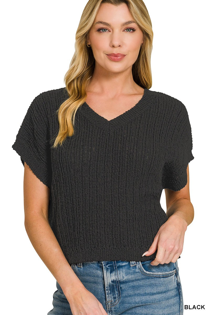 Textured Knit V-Neck Cropped Sweater