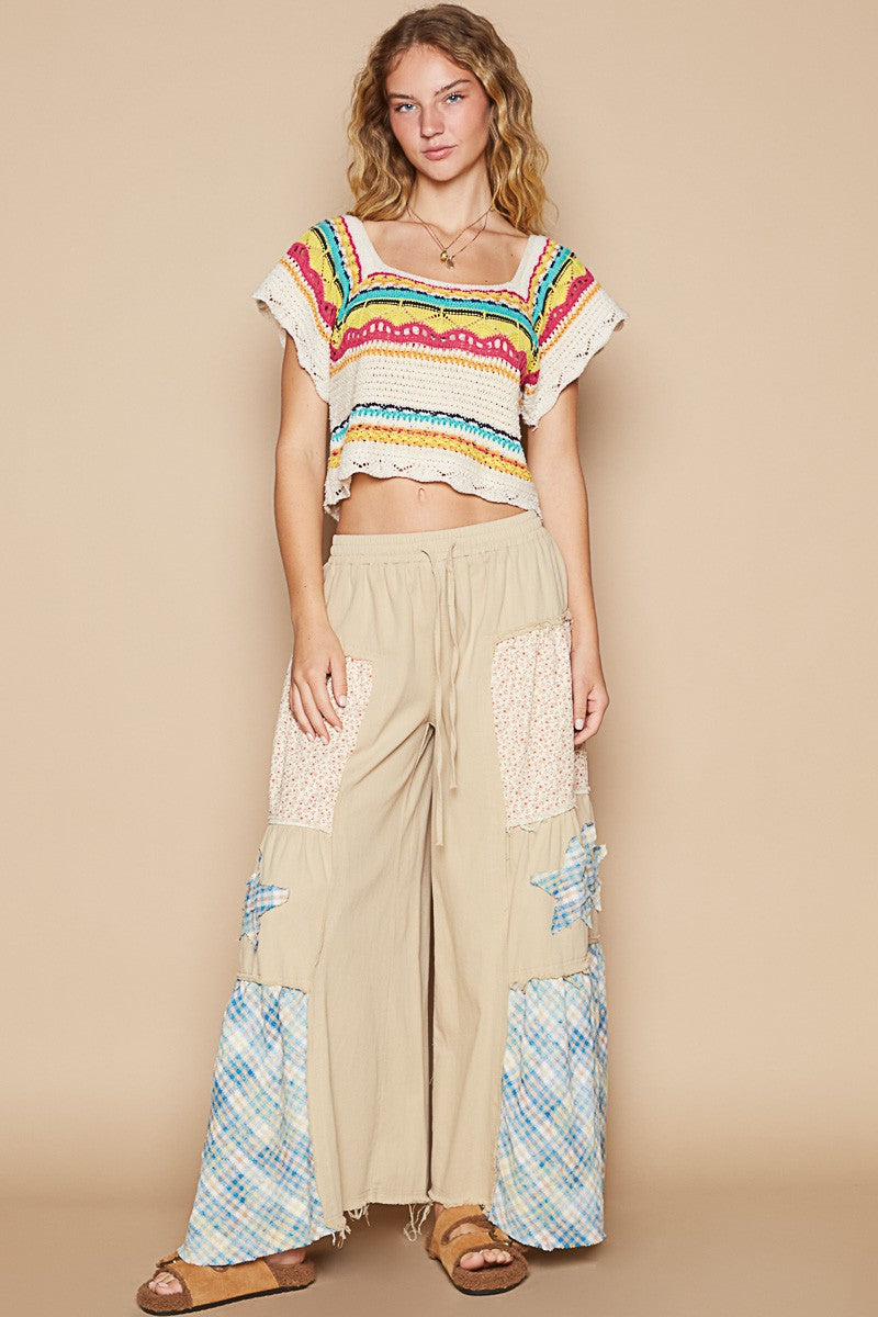 Openwork Square Neck Cropped Knit Top