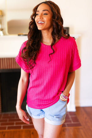 Be Your Best Fuchsia Cable Knit Dolman Short Sleeve Sweater Top