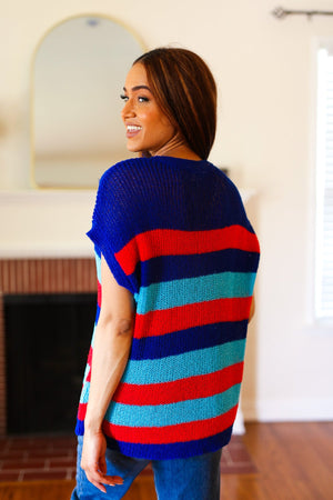 Forget Me Not Royal Blue Stripe Short Sleeve Dolman Sweater