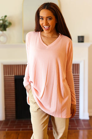 All For Love Peach Waffle Knit V Neck Dolman Top