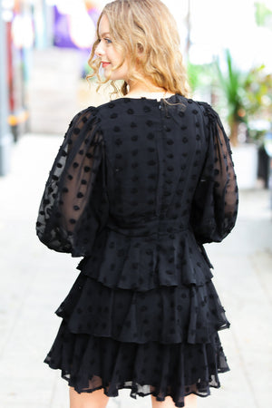 Holiday Vixen Black Chiffon Swiss Dot V Neck Tiered Ruffle Dress