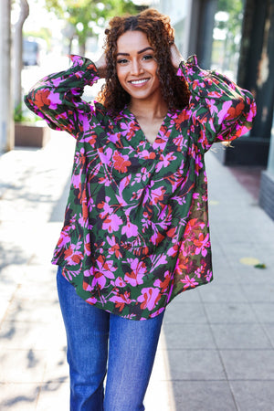 Eyes On You Forest Green Floral Smocked Bubble Sleeve V Neck Top