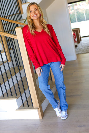 Sweet On You Red Hacci Notched Neck Raglan Top