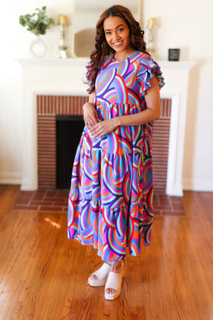 Feel Your Best Purple Abstract Print Smocked Ruffle Sleeve Maxi Dress